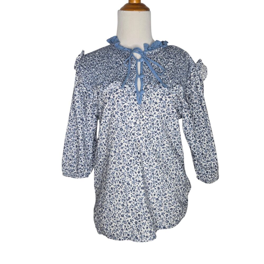 Dondolo Womens Cowgirl Prairie Lizzie Shirt XS Smocked Ruffle Blue Rose Summer